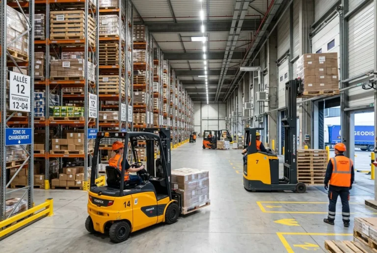 Travailleurs roumains secteur logistique à l’intérieur d’un entrepôt, opérant des chariots élévateurs et supervisés par des agents en sécurité.