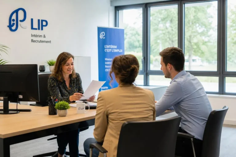 Trois personnes en entretien dans une agence, une conseillère lit un document près d’un logo "LIP" et d’un pupitre, ambiance professionnelle. agence d'intérim comment ça marche intégrée naturellement.