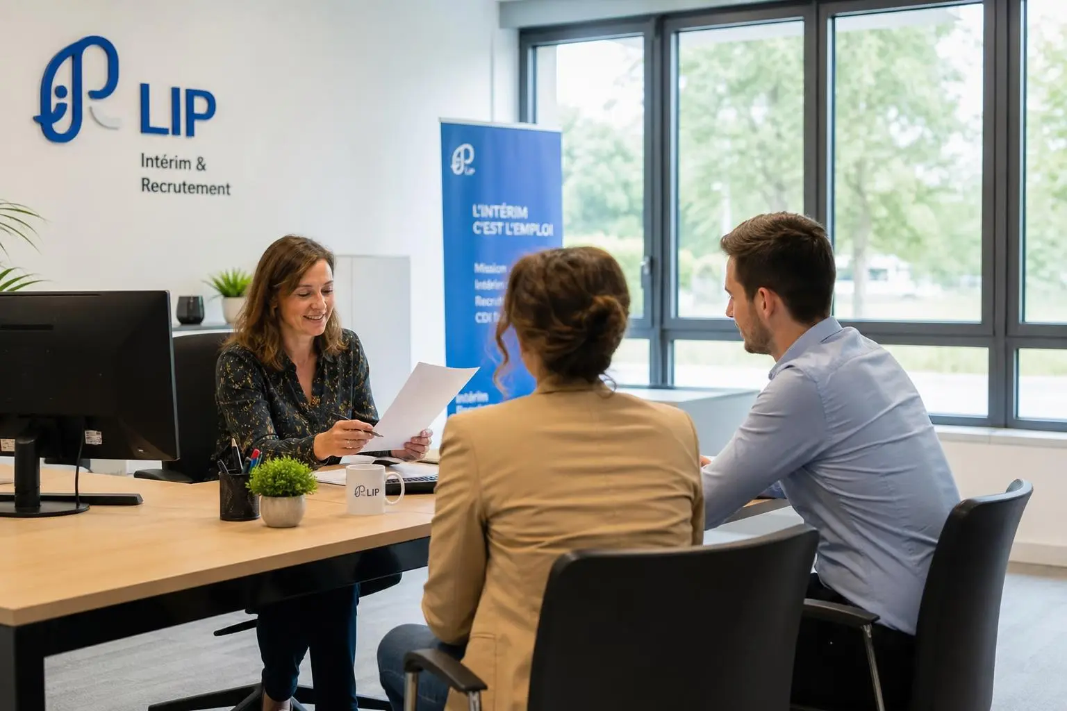 Trois personnes en entretien dans une agence, une conseillère lit un document près d’un logo "LIP" et d’un pupitre, ambiance professionnelle. agence d'intérim comment ça marche intégrée naturellement.