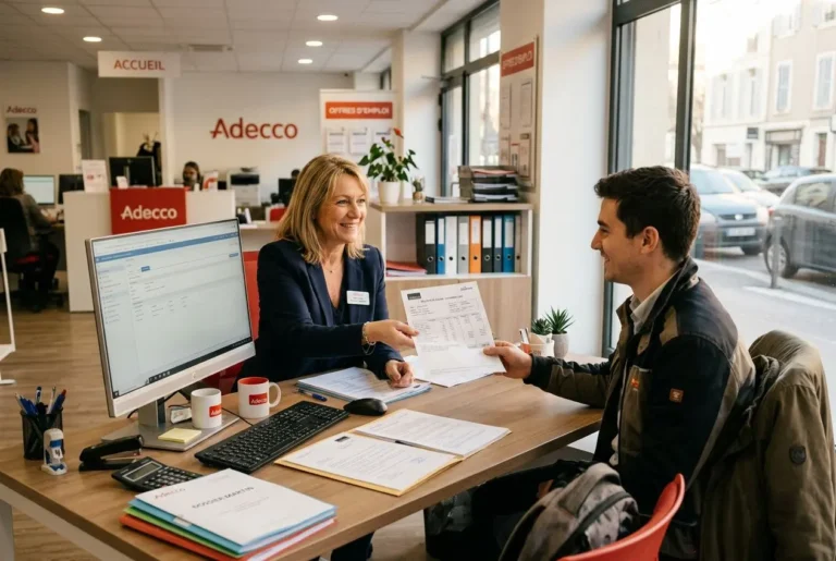 Agent d’accueil remet un document à un client dans une agence, desk avec ordinateur et dossiers. Indemnité fin de mission intérim mentionnée dans le contexte.