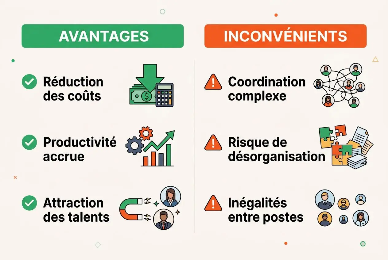 Avantages du travail flexible pour une entreprise : résumé visuel des bénéfices et inconvénients, mettant en avant coûts réduits, productivité accrue et attractivité des talents.