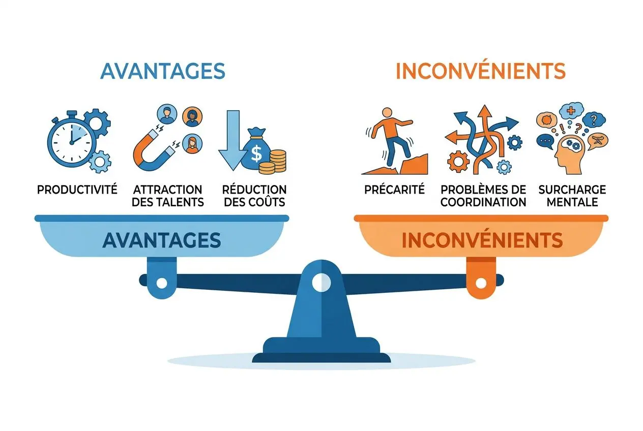 Balance illustrée montrant les avantages et les inconvénients de la flexibilité du travail définition, avec icônes productivité, talents, coûts vs précarité, surcharge mentale et coordination.