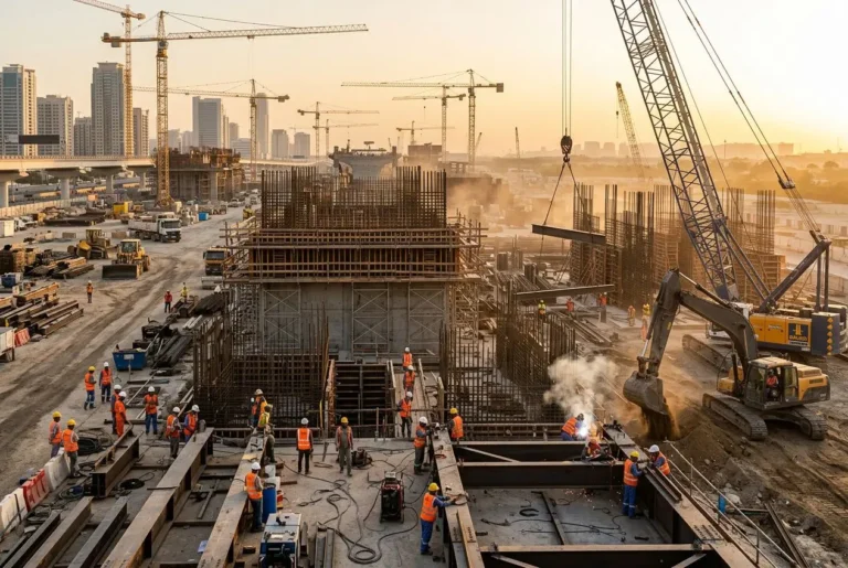Chantier de construction urbain avec grues et ouvriers, au soleil levant, cadre d’intérim international secteur btp.