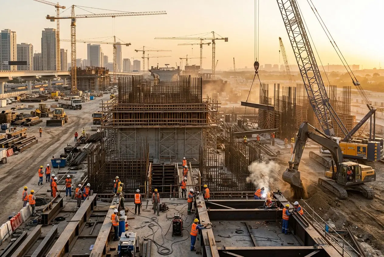 Chantier de construction urbain avec grues et ouvriers, au soleil levant, cadre d’intérim international secteur btp.
