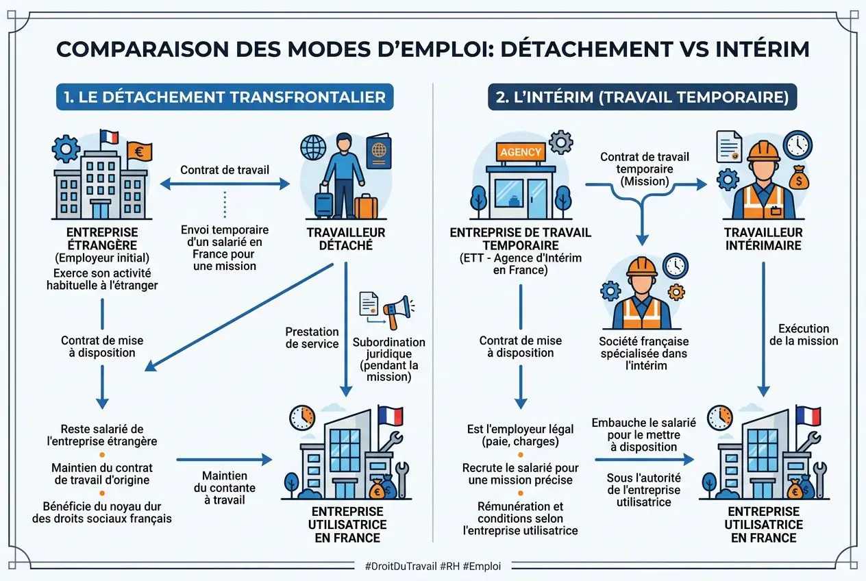 Comparaison des modes d’emploi : détachement transfrontalièr et intérim avec schéma, agents et entreprises, flux de contrat et prestations. Différence détachement travail intérim expliquée.