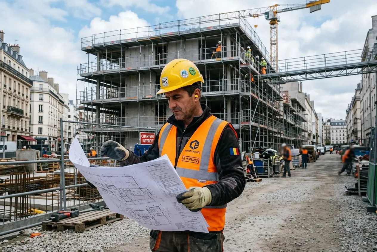 Constructeur sur un chantier lisant un plan, entouré par des structures en bâtiment et des équipements de sécurité.