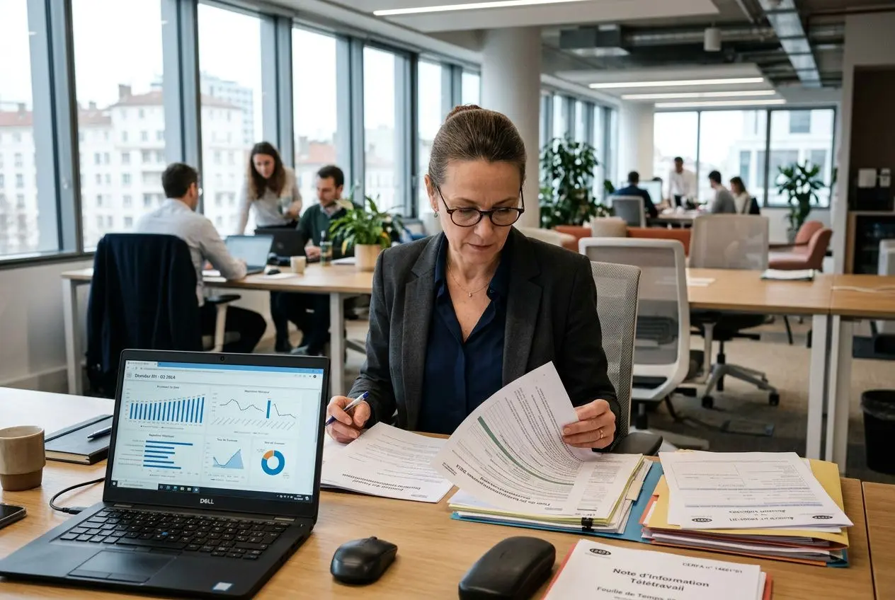 Consultante au travail de bureau analysant des documents et des graphiques sur un ordinateur portable dans un open space, démontrant la flexibilité du travail définition.