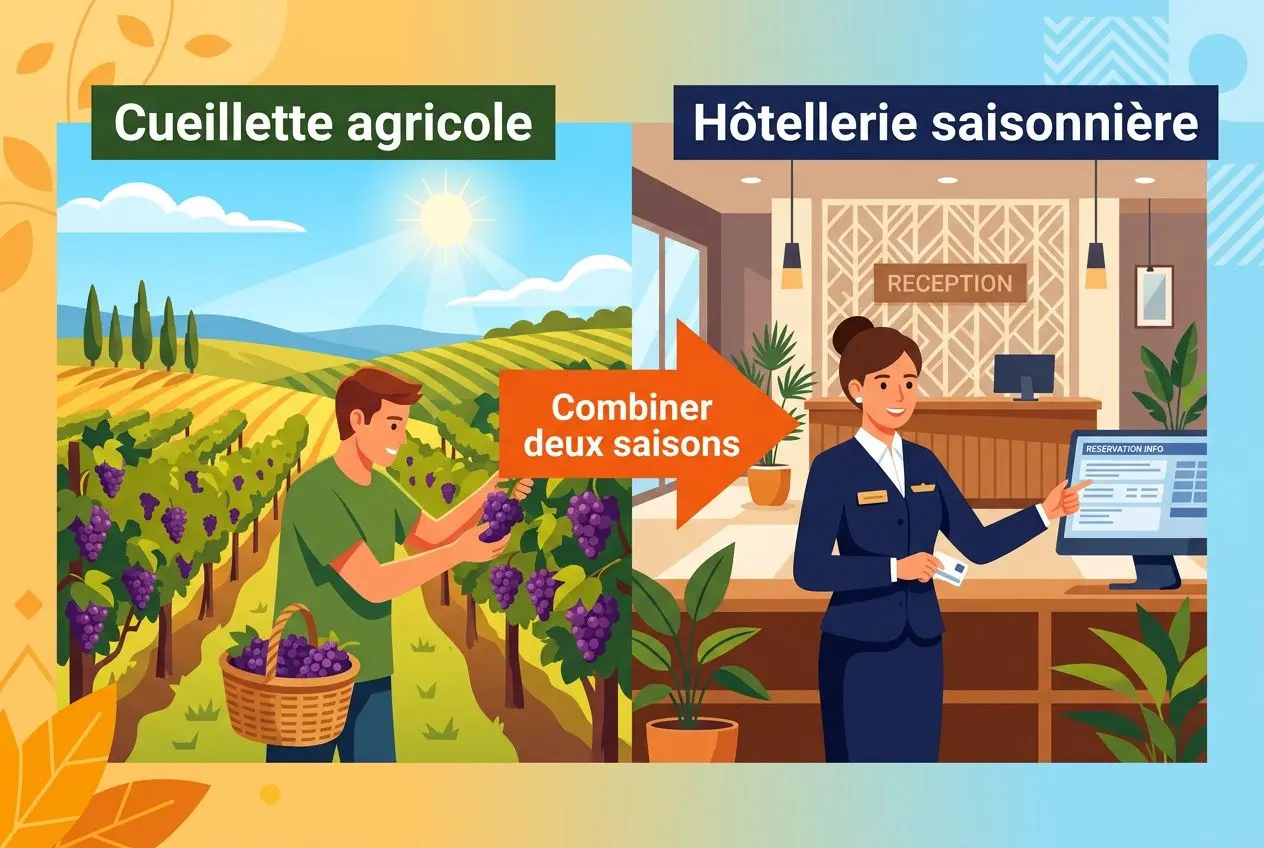Cueillette agricole et réception hôtellerie saisonnière: scène montrant un travailleur récoltant des grapes et une hôtesse en réception, avec flèche “Combiner deux saisons”. | emploi saisonnier hôtellerie étranger intégré naturellement dans la description.