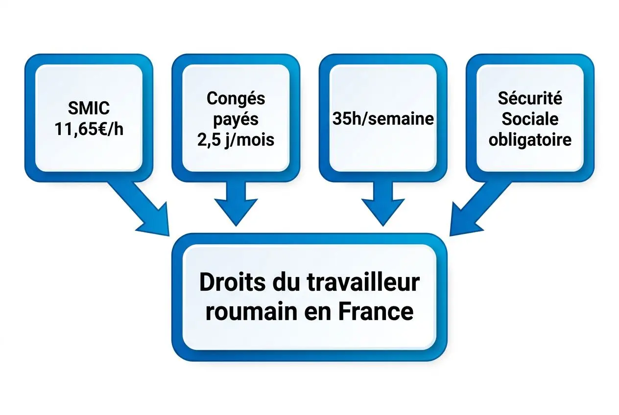 Dermagraphie illustrant les droits du travailleur roumain en France : SMIC 11,65€/h, congés payés 2,5 j/mois, 35h/semaine et sécurité sociale obligatoire.