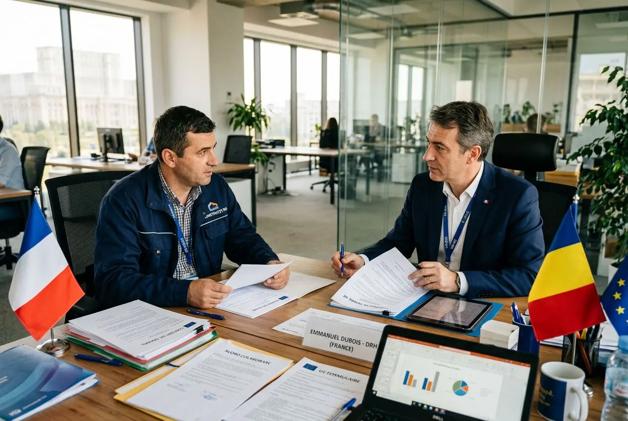 Deux hommes en réunion d’affaires, textes et documents sur la table, drapeaux France et Roumanie à proximité. Travailleur roumain détachement légal en discussion.
