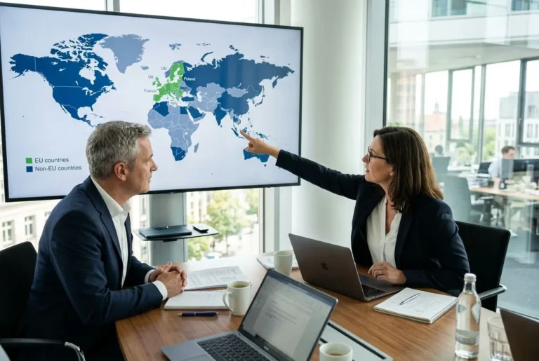 Deux professionnels en réunion devant une carte du monde affichée sur un écran, discutant des zones UE et hors UE.