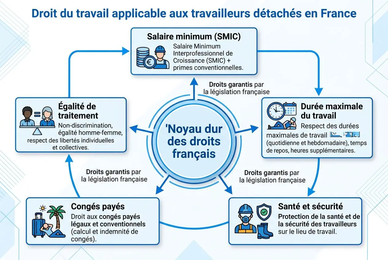 Diagramme illustrant les droits des travailleurs détachés en France et les implications du détachement et du travail intérim, avec focus sur le « noyau dur des droits français » et les composants: salaire minimum, durée maximale du travail, égalité de traitement, congés payés, santé et sécurité. Intègre le terme: différence détachement travail intérim.
