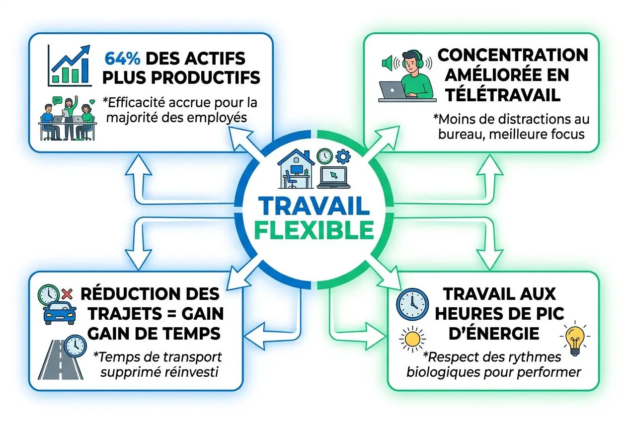 Diagramme sur le travail flexible montrant les avantages: productivité, concentration à distance, réduction des trajets, travail aux heures de pic d’énergie. Avantages du travail flexible pour une entreprise intégrés.