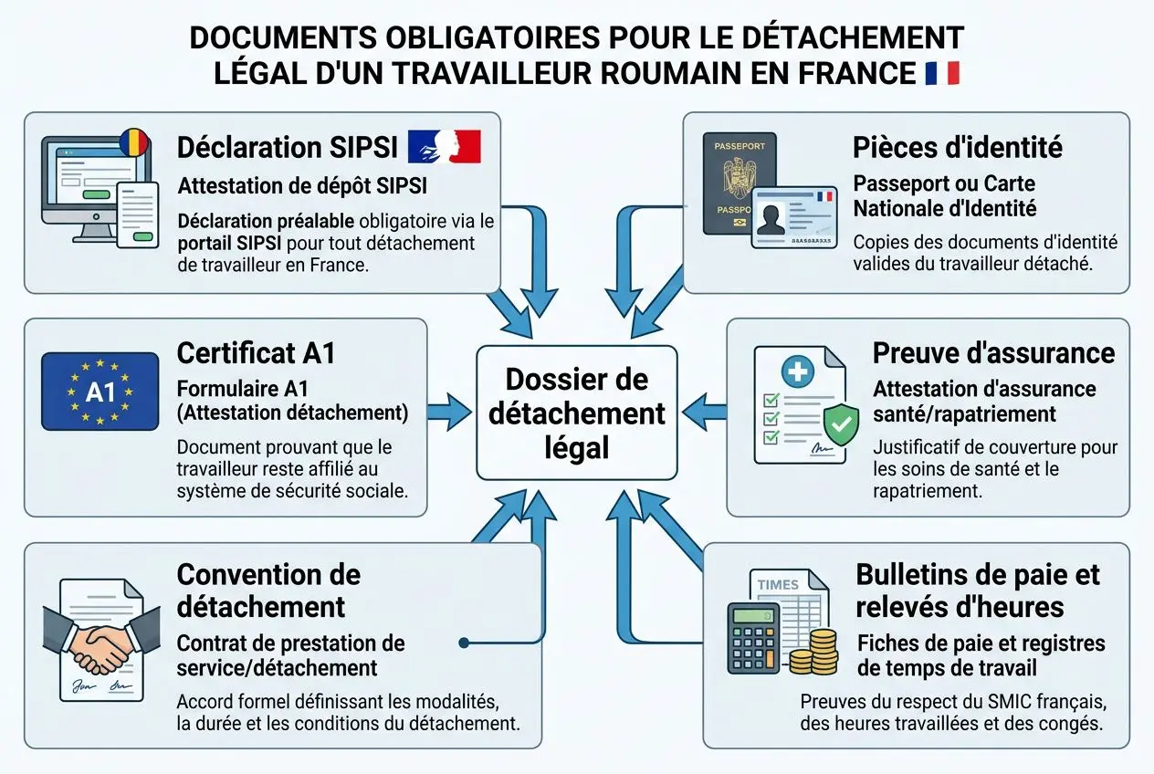 Dossier de détachement légal central avec flèches vers documents obligatoires pour travailleur roumain détachement légal en France.
