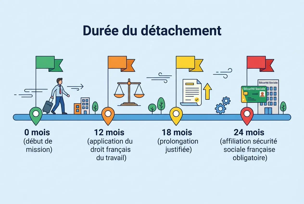 Durée du détachement: illustration montrant les étapes du processus pour un travailleur roumain détachement légal, avec 0, 12, 18 et 24 mois et des repères visuels.