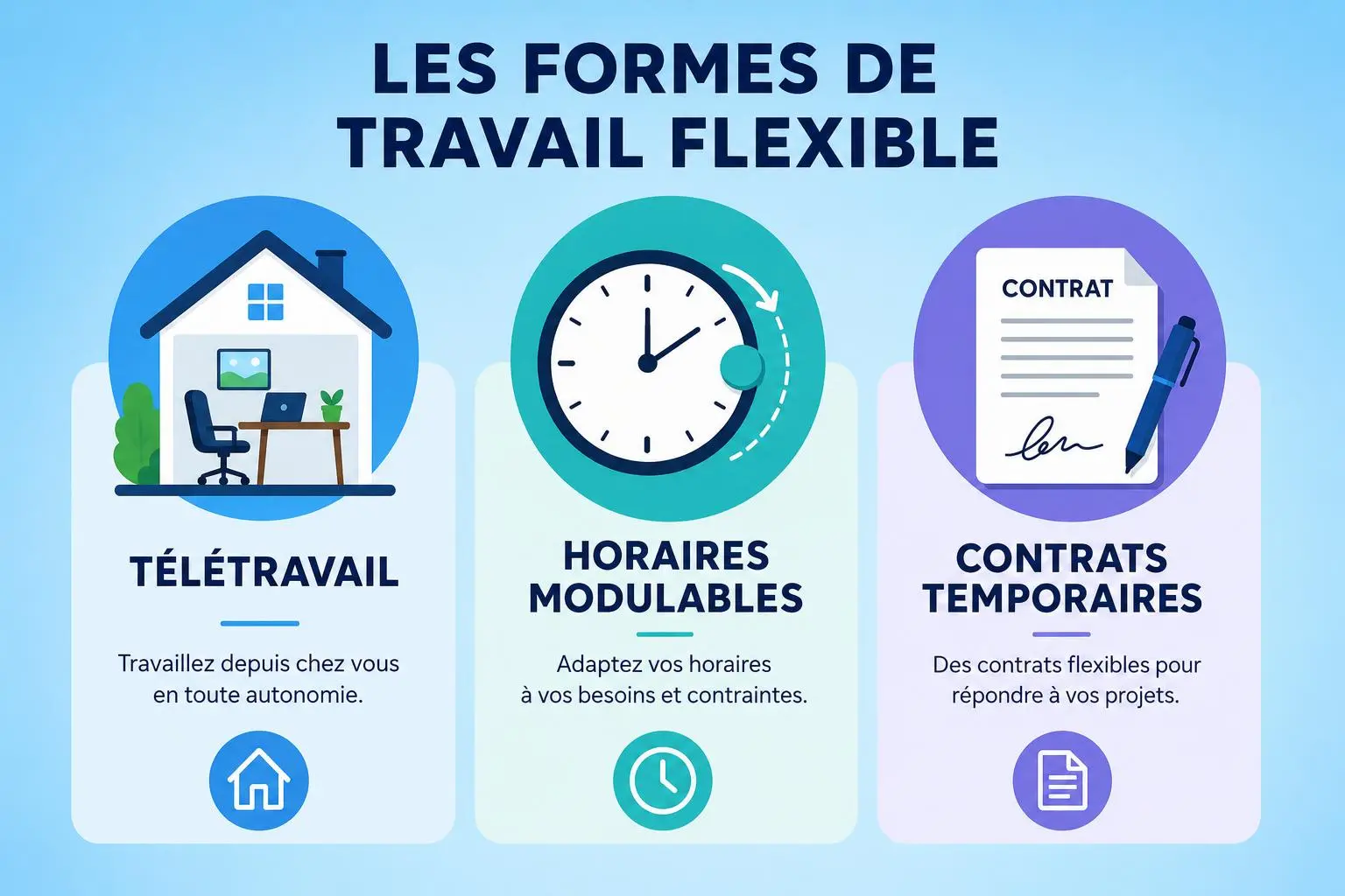 Les formes de travail flexible: télétravail, horaires modulables et contrats temporaires présentées comme trois options.