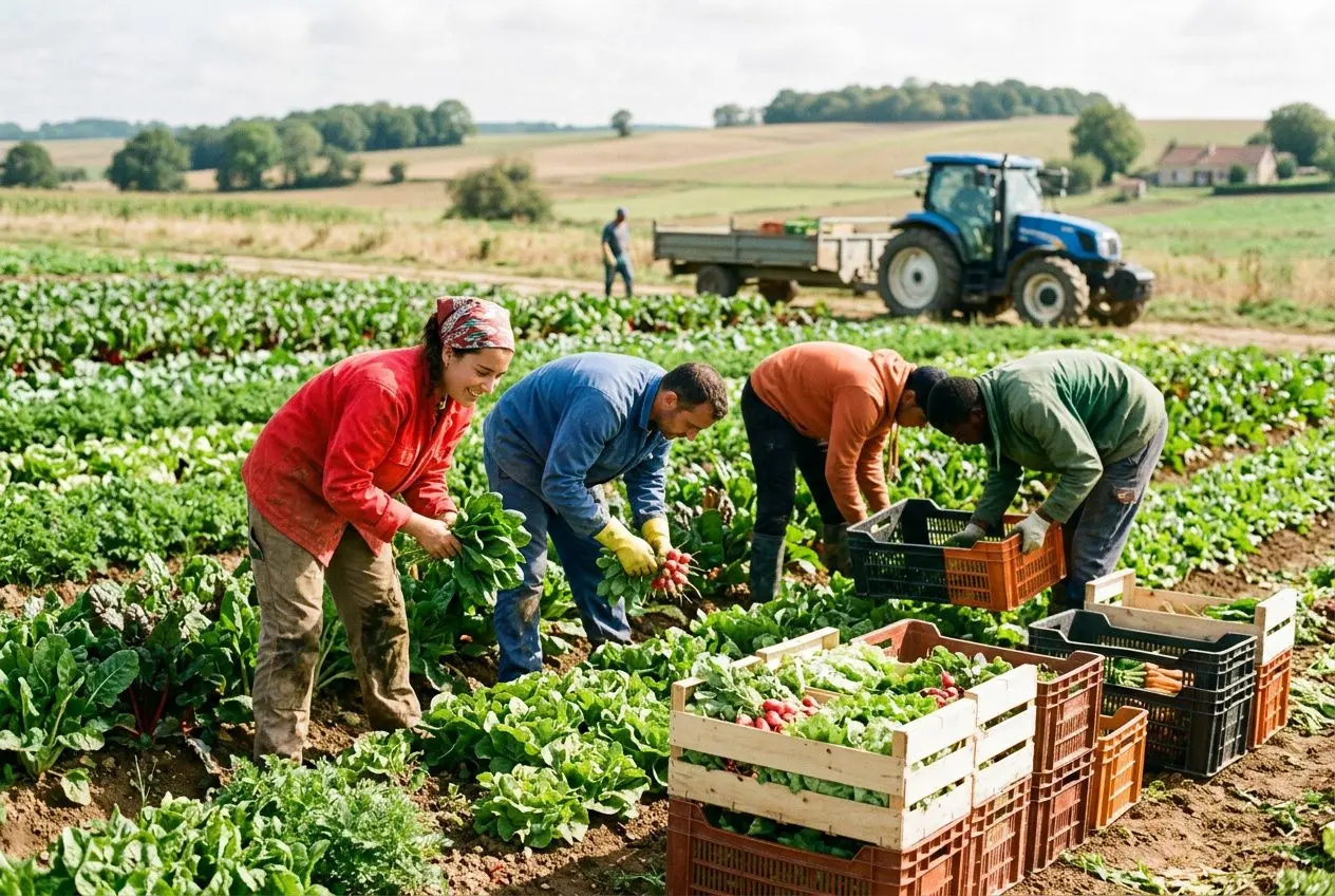 Groupe de travailleurs agricoles récoltant des légumes dans un champ, en pleines caisses et tracteur au loin, exemple de recrutement main-d'œuvre saisonnière.