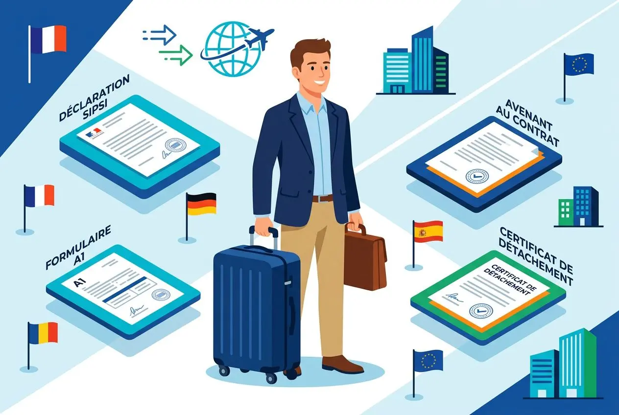 Illustration d’un salarié détaché à l’étranger avec valise et sacs, entouré de documents et de drapeaux, symbolisant les procédures comme le certificat de détachement et le formulaire AI. intégration du mot-clé: durée maximale d'un détachement à l'étranger.