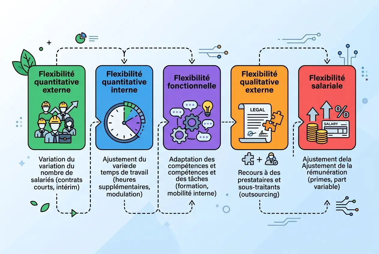Illustration montrant différentes formes de flexibilité du travail: quantitative externe et interne, fonctionnelle, qualitative externe et salariale, avec des flèches et icônes représentant congés, horaires, compétences, et rémunération. flexibilité du travail définition intégrée.