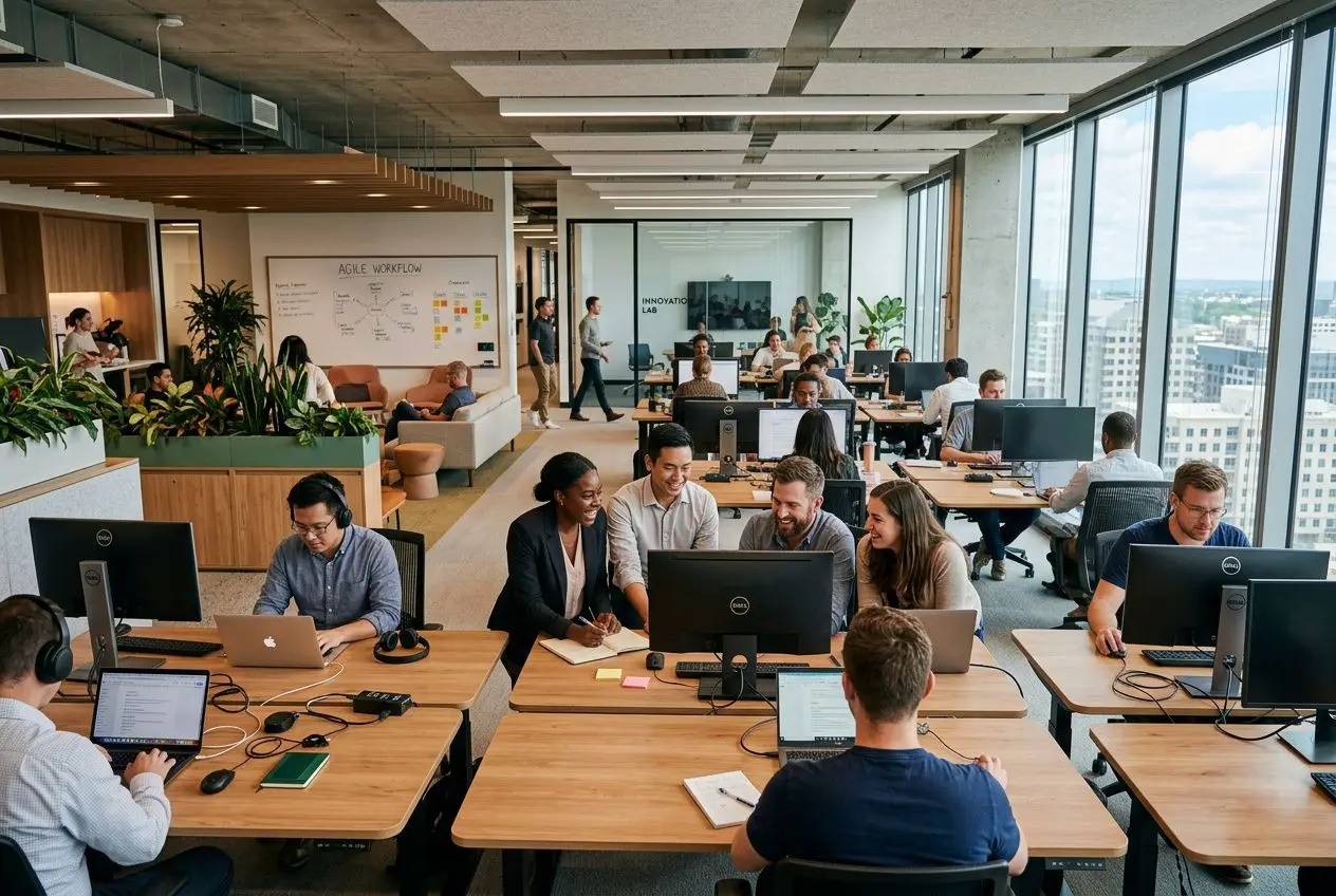 Open-plan workspace dynamique avec équipes diverses travaillant sur écrans, réunion informelle et lumière naturelle. Avantages du travail flexible pour une entreprise s’insinuent dans ce cadre collaboratif.