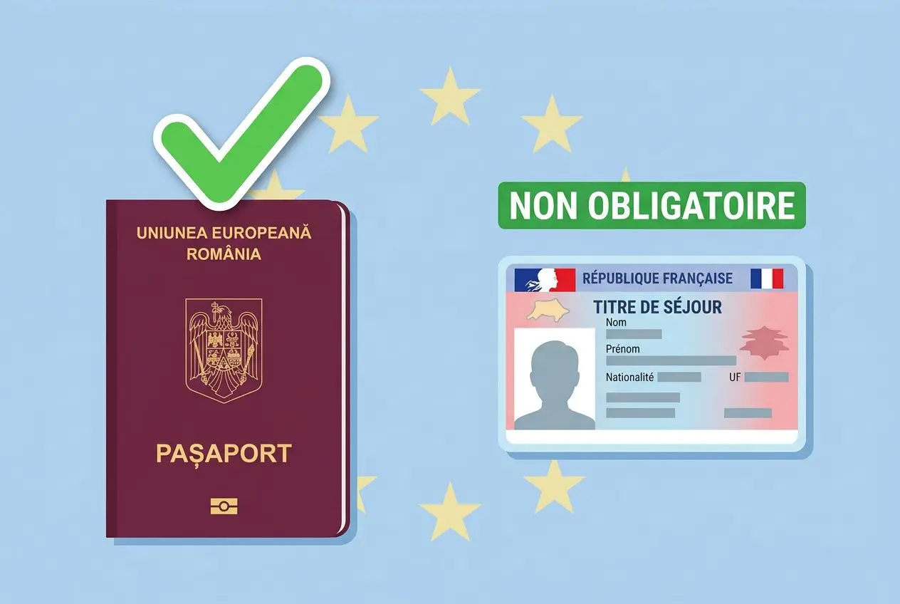 Passeport roumain et carte d'identité avec coche verte, sur fond bleu avec étoiles, référence à la mobilité des travailleurs. Les roumains peuvent travailler en France.