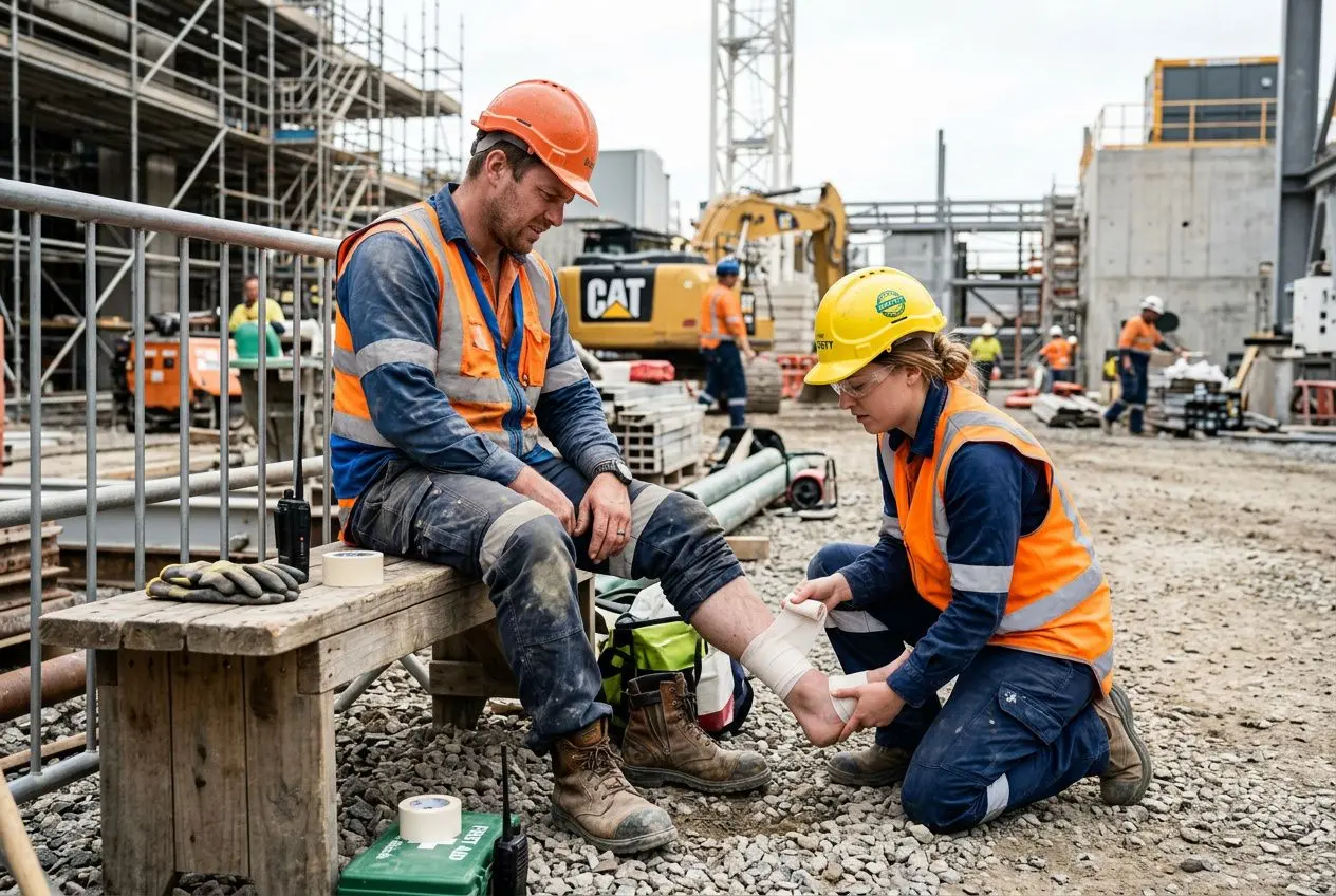Préposé en chantier vérifiant une blessure au pied d’un intérimaire, avec attelle et nattes sur le sol, sur un site de construction. accident du travail intérimaire.