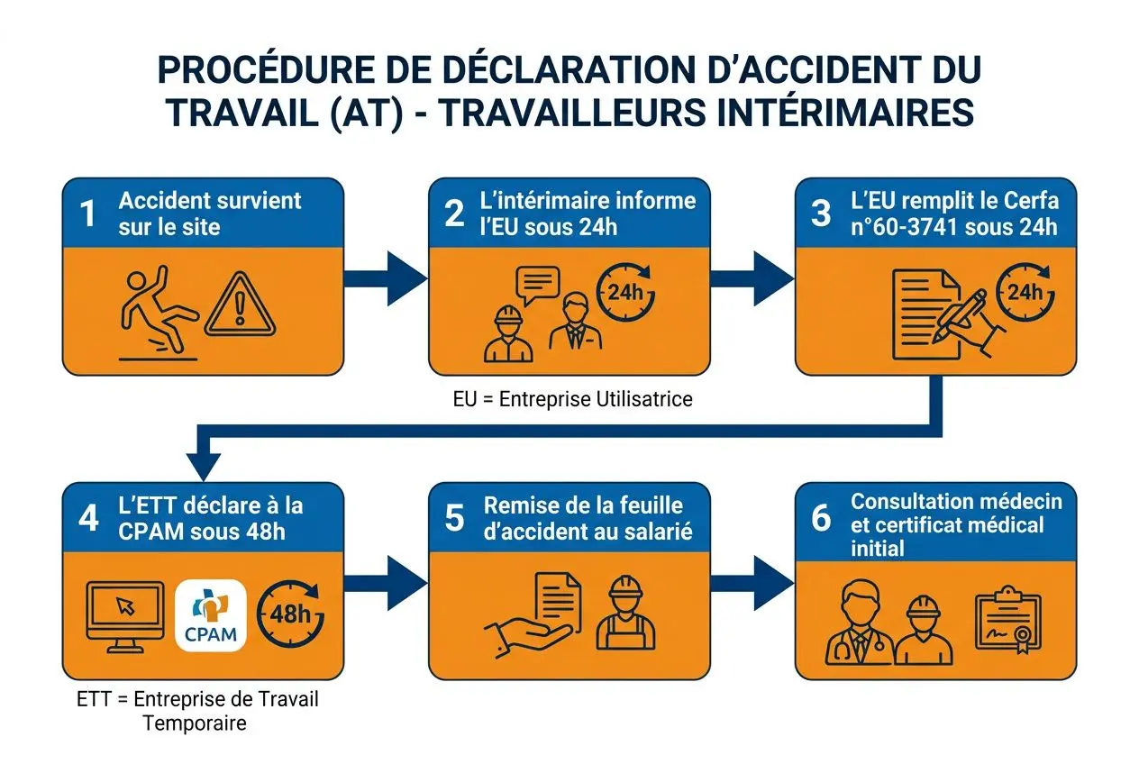 Procédure de déclaration d’accident du travail intérimaire : schéma étape par étape montrant les démarches et les temporaires droits.