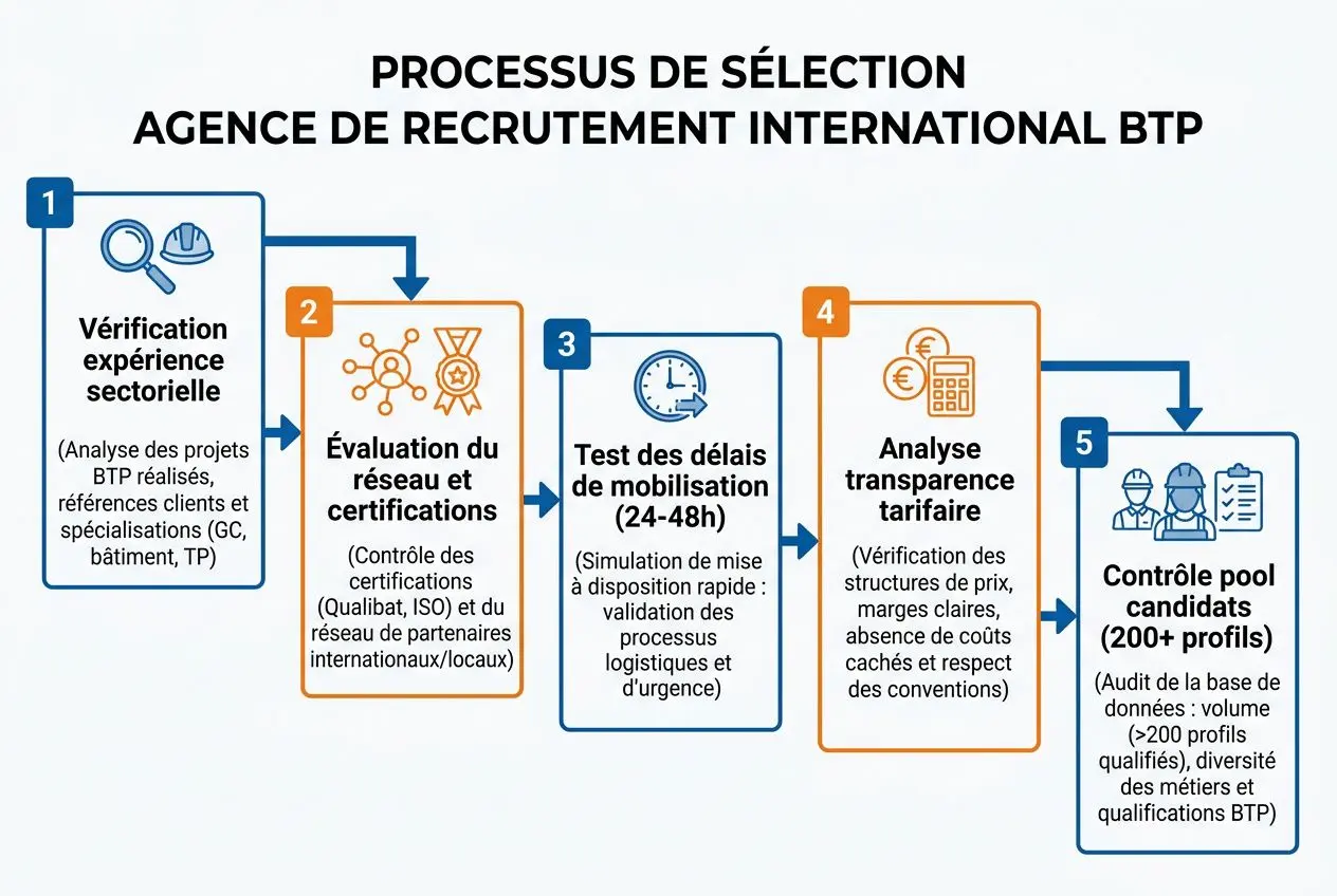 Processus de sélection : agence de recrutement international BTP, étape par étape.