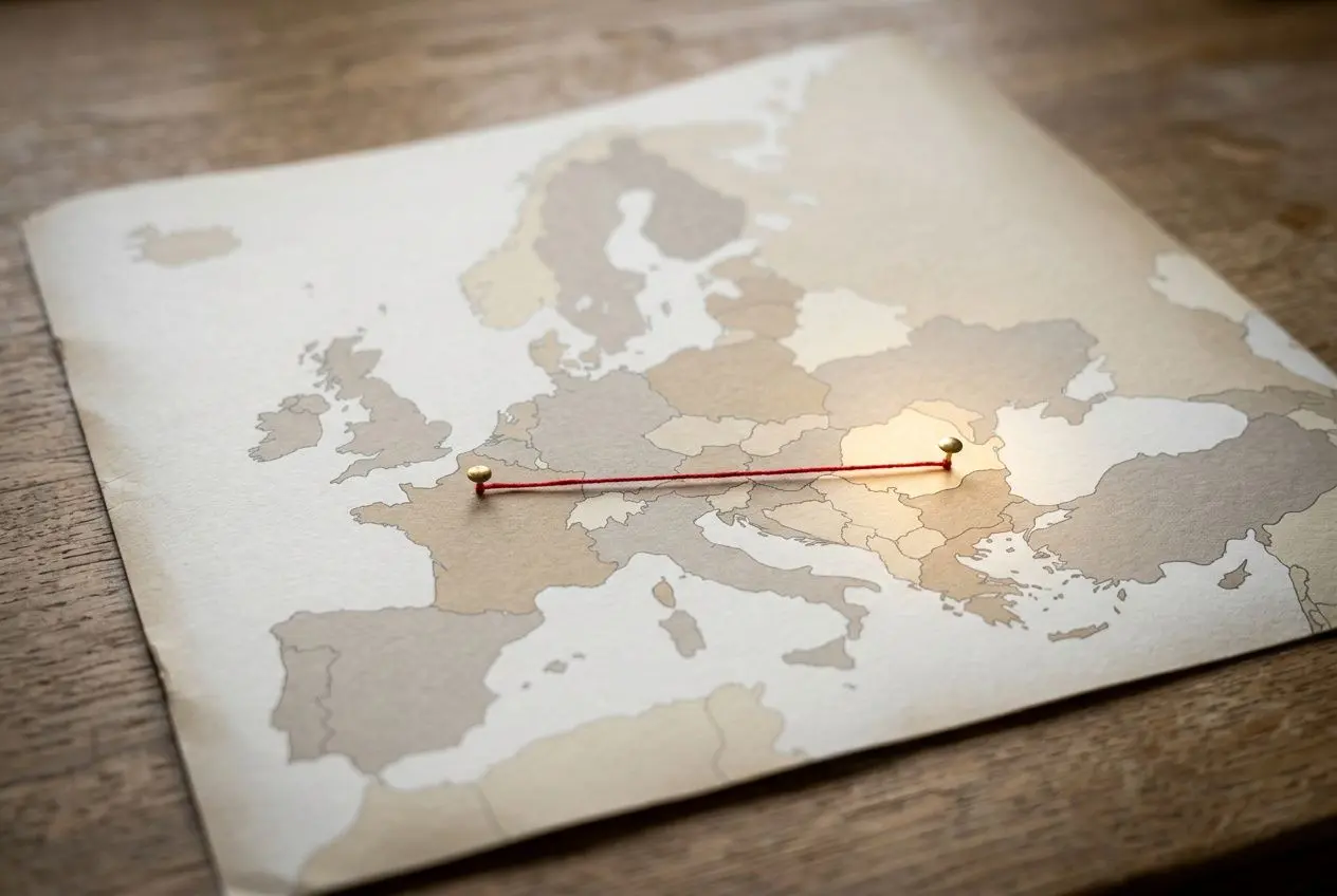 Carte européenne avec épingles reliant l’Allemagne à la Grèce, illustrant le thème de l’embauche internationale. Comment embaucher légalement un travailleur roumain.