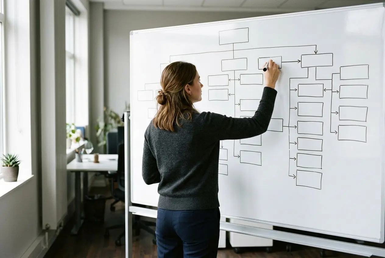 Consultante dessinant un organigramme sur un tableau blanc dans un bureau. intégré: mention de comment trouver du personnel qualifié pour une description naturelle du sujet.