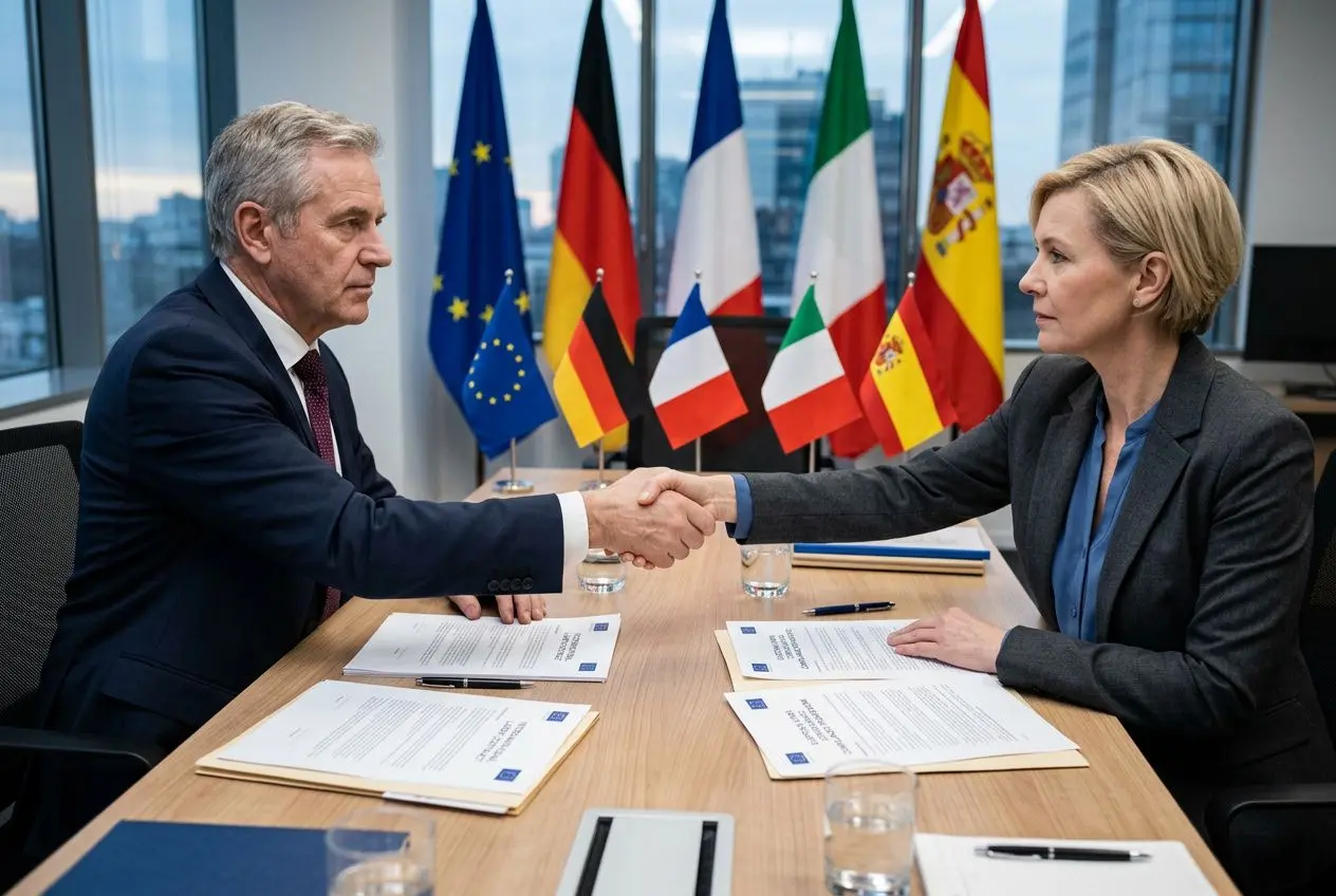 Deux personnes en réunion se serrent la main devant des documents, avec des drapeaux européens en arrière-plan. UI a le thème du détachement et montre une négociation formelle. C'est quoi le détachement est abordé sous l'angle fonctionnaire et salarié.