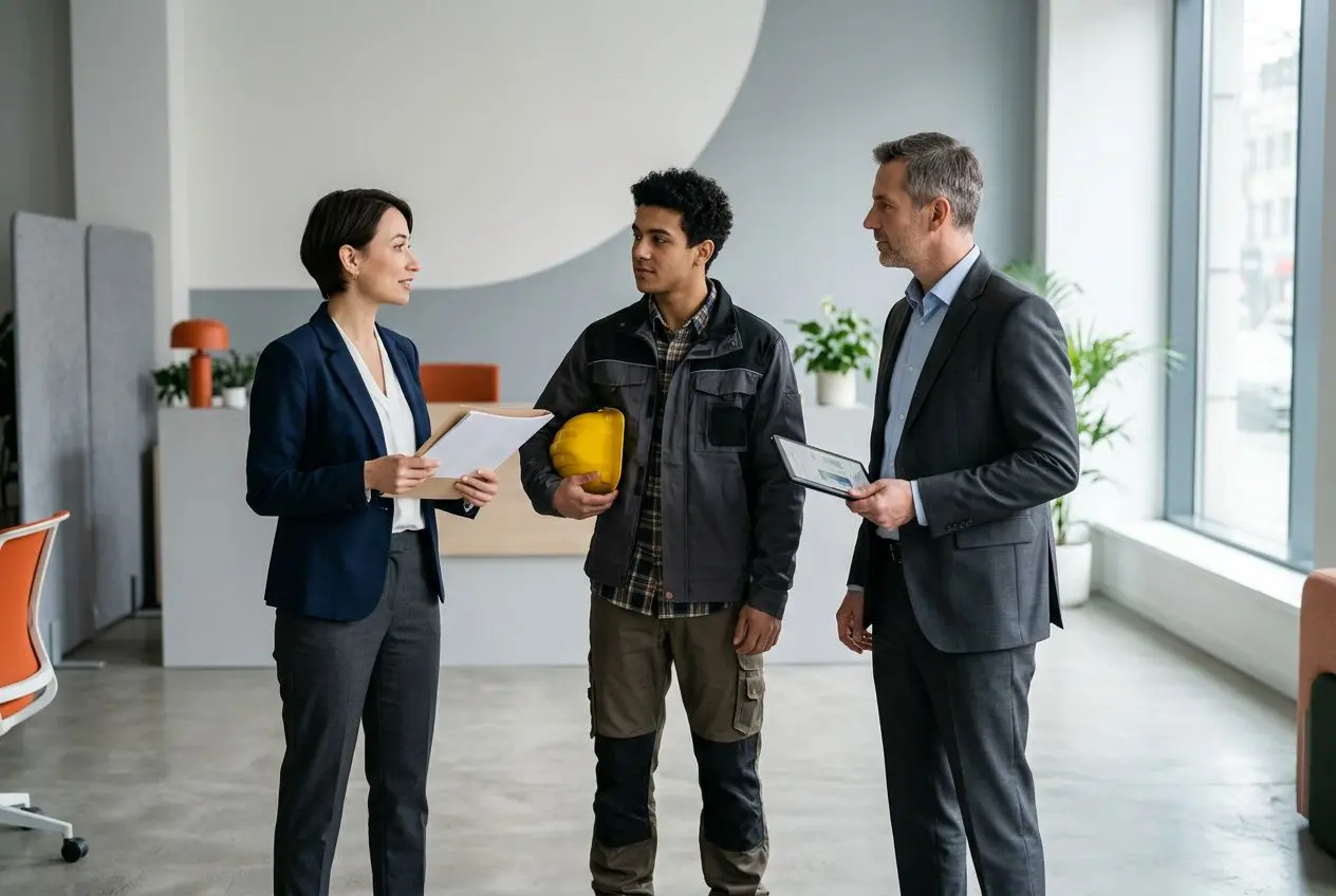 Deux professionnels et un intérimaire discutent dans un bureau lumineux; la femme en costume tient des documents, l’homme à gauche porte un casque jaune et le cadre à droite montre une tablette. Avantages de l'intérim pour l'entreprise.