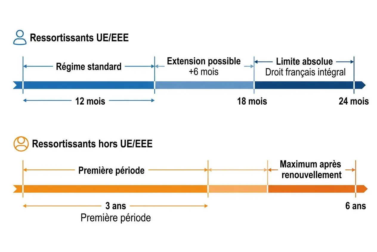 Diagramme explicatif sur les détachements: ressources UE/EEE et hors UE/EEE, avec les périodes standard et extension, puis les limites et durées maximales de détachement et première période. Texte: "comment détacher un salarié en france".