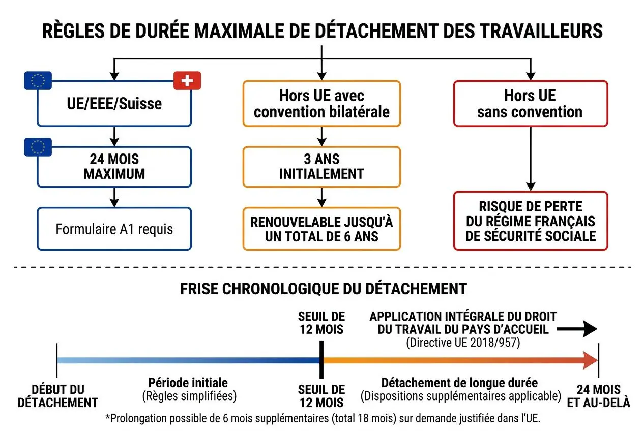 Diagramme intitulé « Règles de durée maximale de détachement des travailleurs » montrant les voies UE/EEE/Suisse et Hors UE avec délais (24 mois, 3 ans initialement, renouvelable jusqu’à 6 ans) et risques hors convention. Légende « Frise chronologique du détachement » avec début, période initiale, seuil de 12 mois, détachement de longue durée et 24 mois et au-delà. Inclut aussi la mention clé: c'est quoi le détachement.