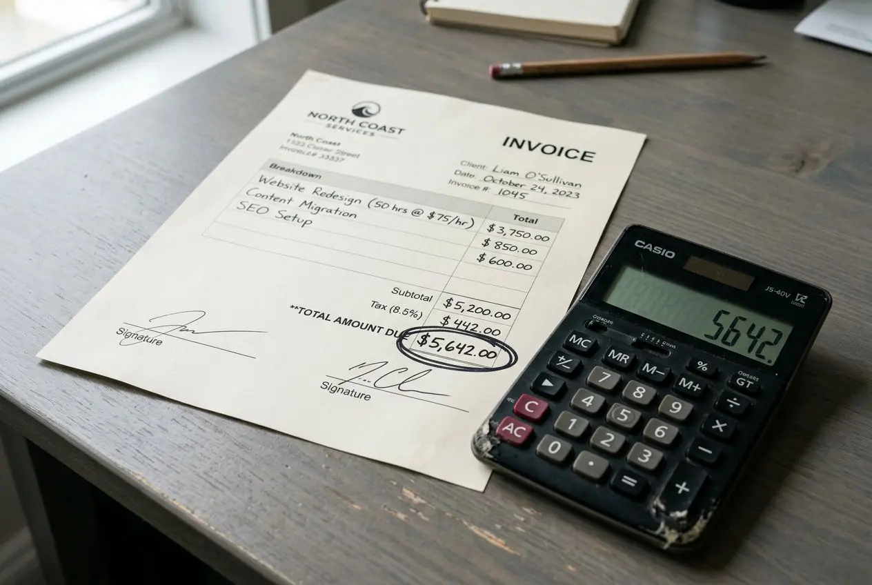 Facture et calculatrice sur bureau, illustrant le coût d'un intérimaire pour une entreprise avec chiffres visibles sur un reçu.
