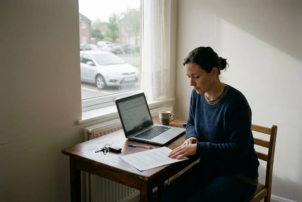 Femme assise à une table, détachée prèts de son ordinateur portable et de documents; café à proximité, lumière naturelle. avantages en nature d'un salarié détaché.