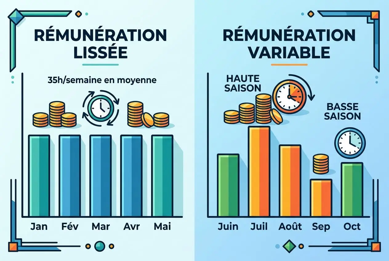 Illustration comparant la rémunération : à gauche « Rémunération lissée » avec graphiques mensuels et icônes de pièces, à droite « Rémunération variable » montrant des barres par mois et une horloge, sur fond bleu. Intègre le concept de modulation du temps de travail code du travail.