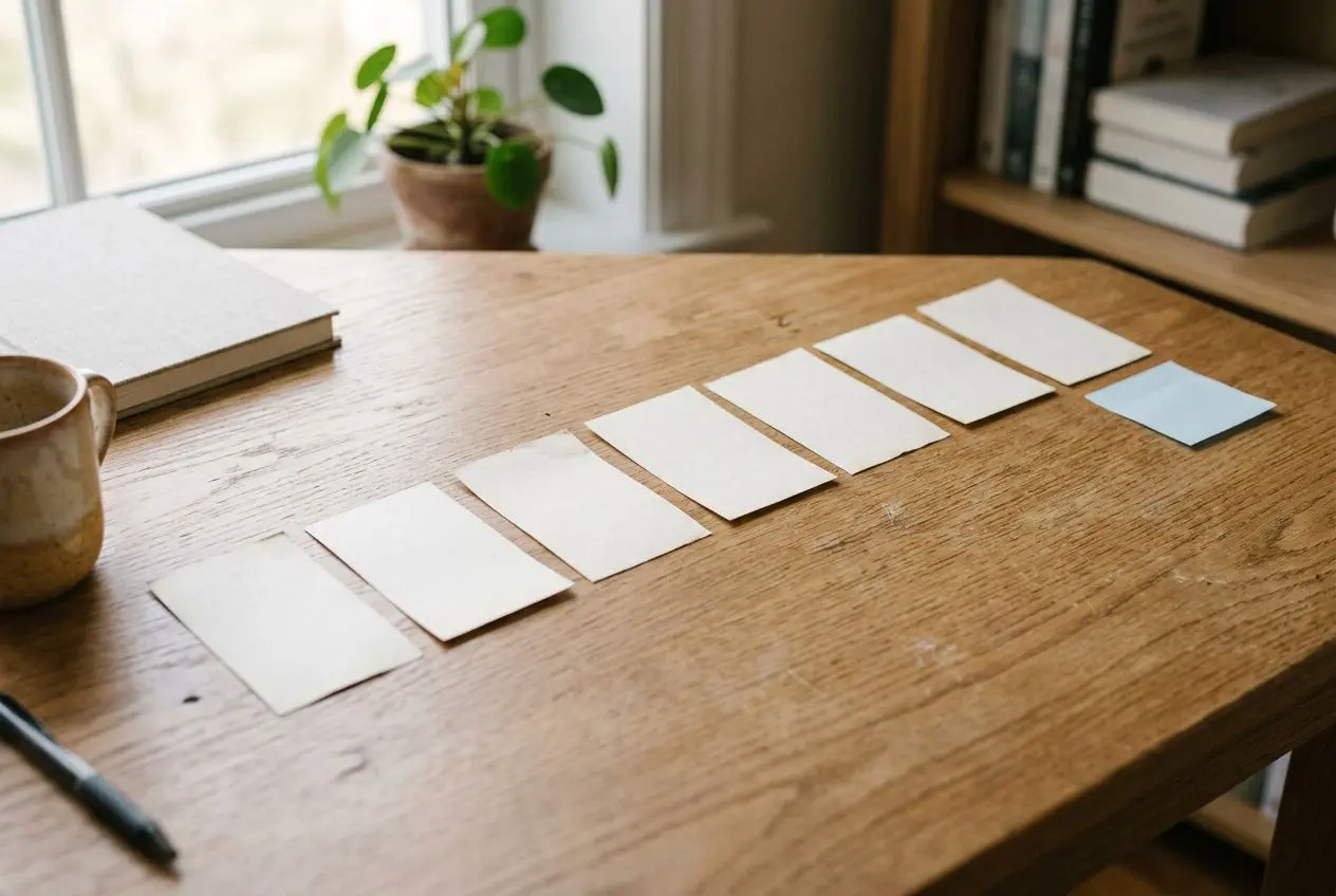 Plan de travail avec plusieurs étiquettes blanches alignées, carnet, tasse et plantes en arrière-plan. intégrant les formalités administratives recrutement étranger.