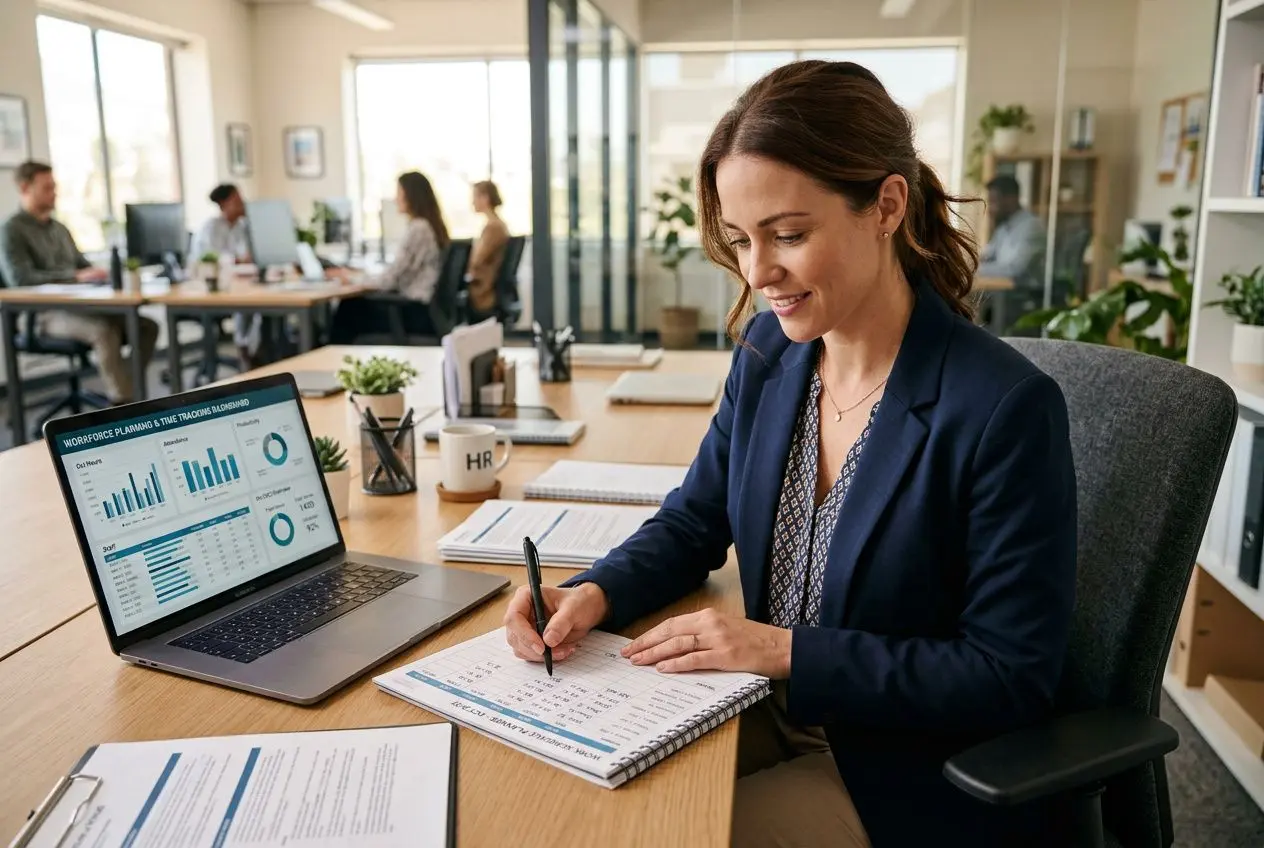 Professionnelle au bureau écrivant dans un carnet, ordinateur portable affichant des graphiques, ambiance travail et documents. modulation du temps de travail code du travail.