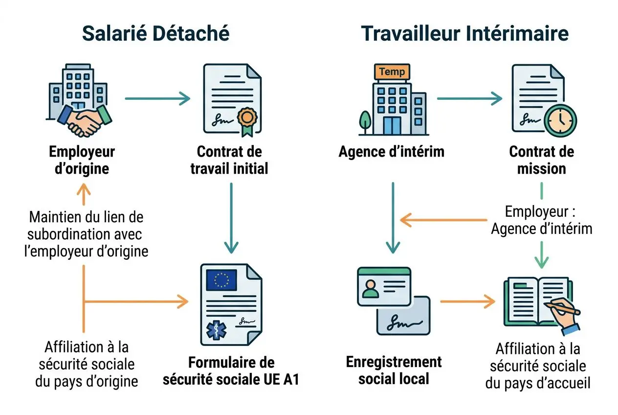 Schéma du détachement: salarié ou travailleur intérimaire entre l’employeur d’origine et le poste à l’étranger, avec formulaire UE A1 et enregistrement social local.
