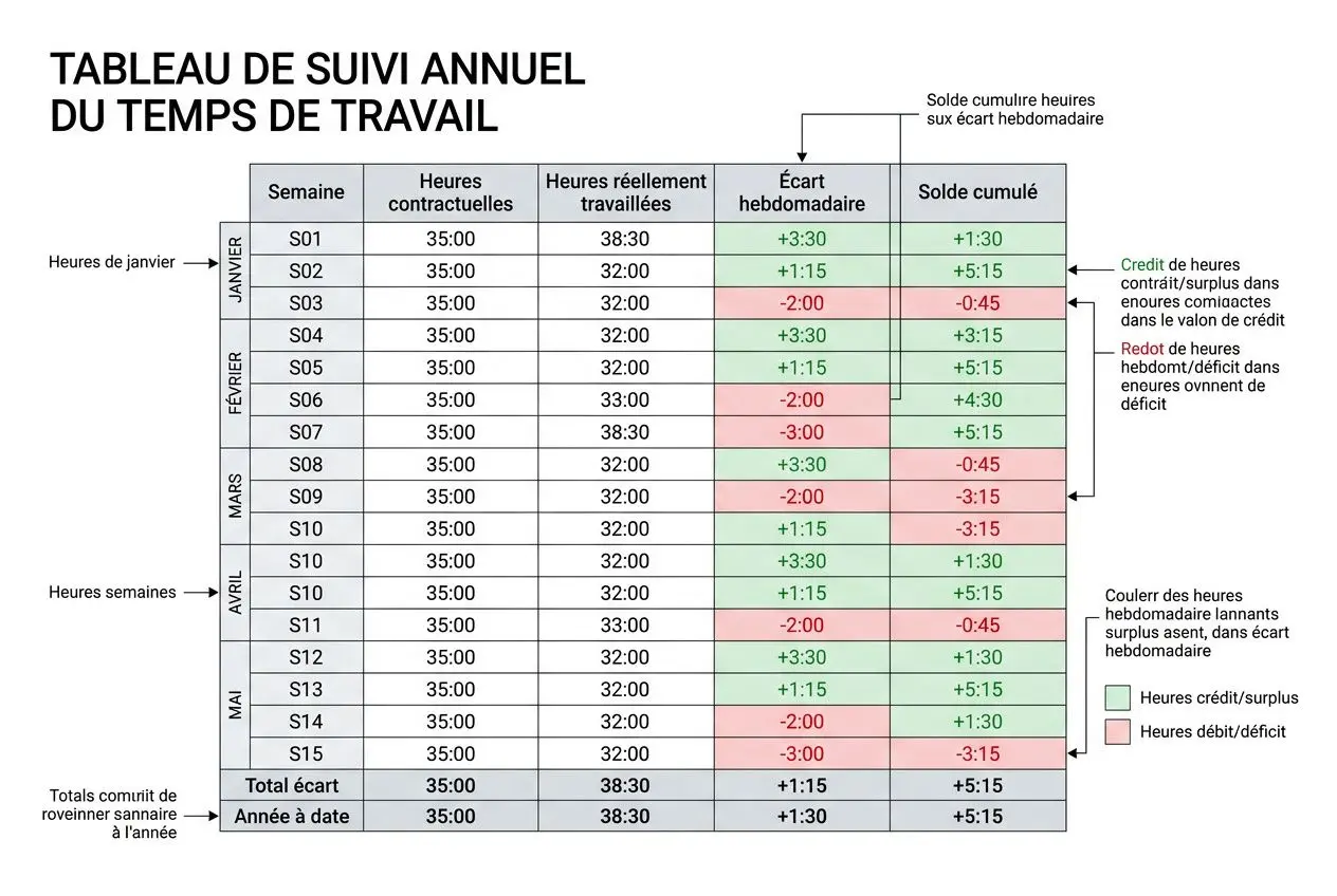 Tableau de suivi annuel du temps de travail montrant semaines, heures contractuelles et réelles, écart hebdomadaire et solde cumulé, lié à la modulation du temps de travail selon le code du travail.