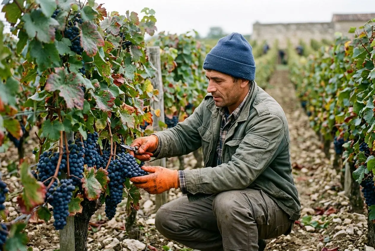 Travailleur saisonnier étranger cueillant des grappes de raisin dans un vignoble, prêt à récolter.