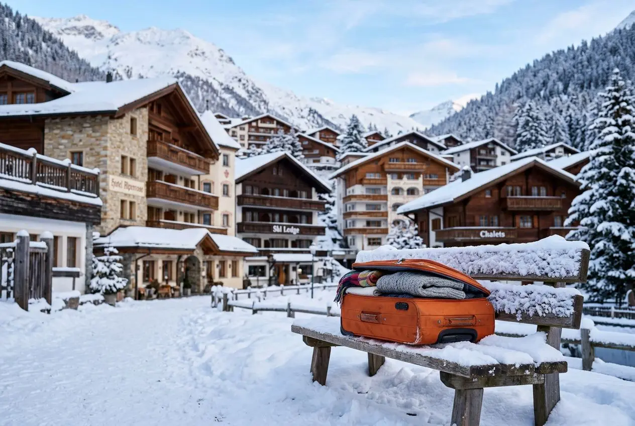 Chalet de montagne enneigé avec sac à dos orange et vêtements sur une table en bois, village alpin hivernal. Emploi saisonnier logé.