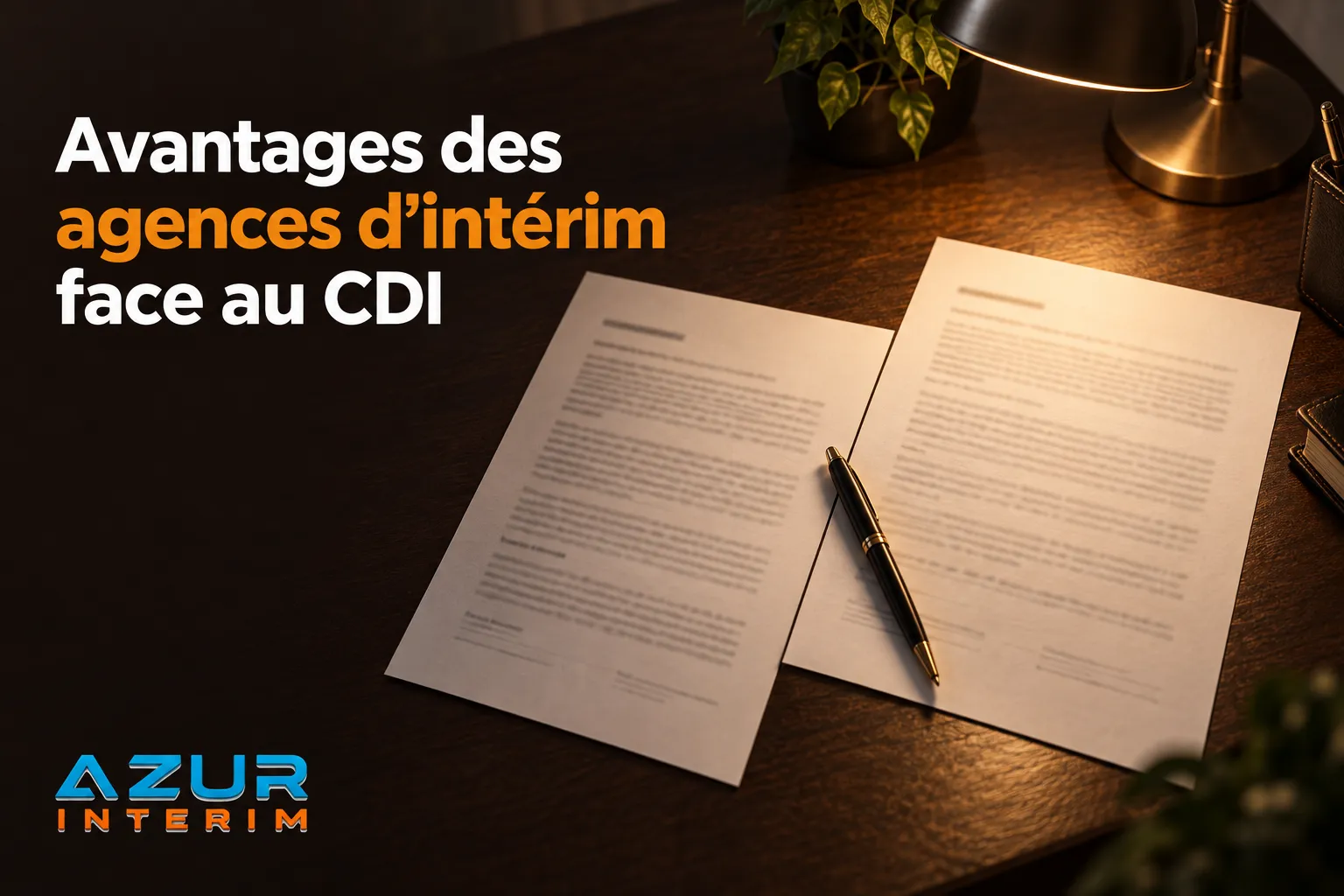 Deux documents et un stylo posés sur un bureau en bois.