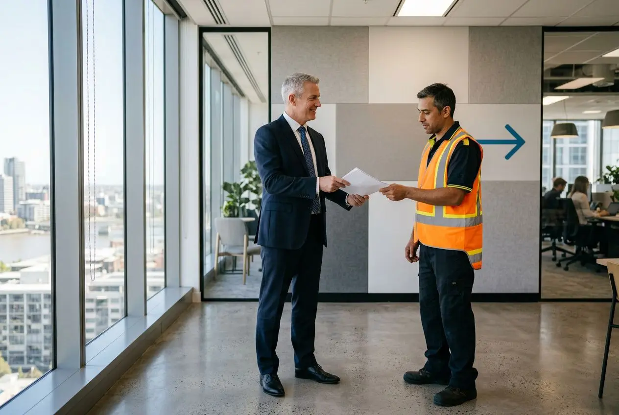Deux hommes échangent un document dans un open space: un cadre en costume remet des papiers à un salarié en poste d’agent de sécurité, près d’une large baie vitrée et d’un panneau fléché bleu. Différence salarié détaché et mis à disposition.