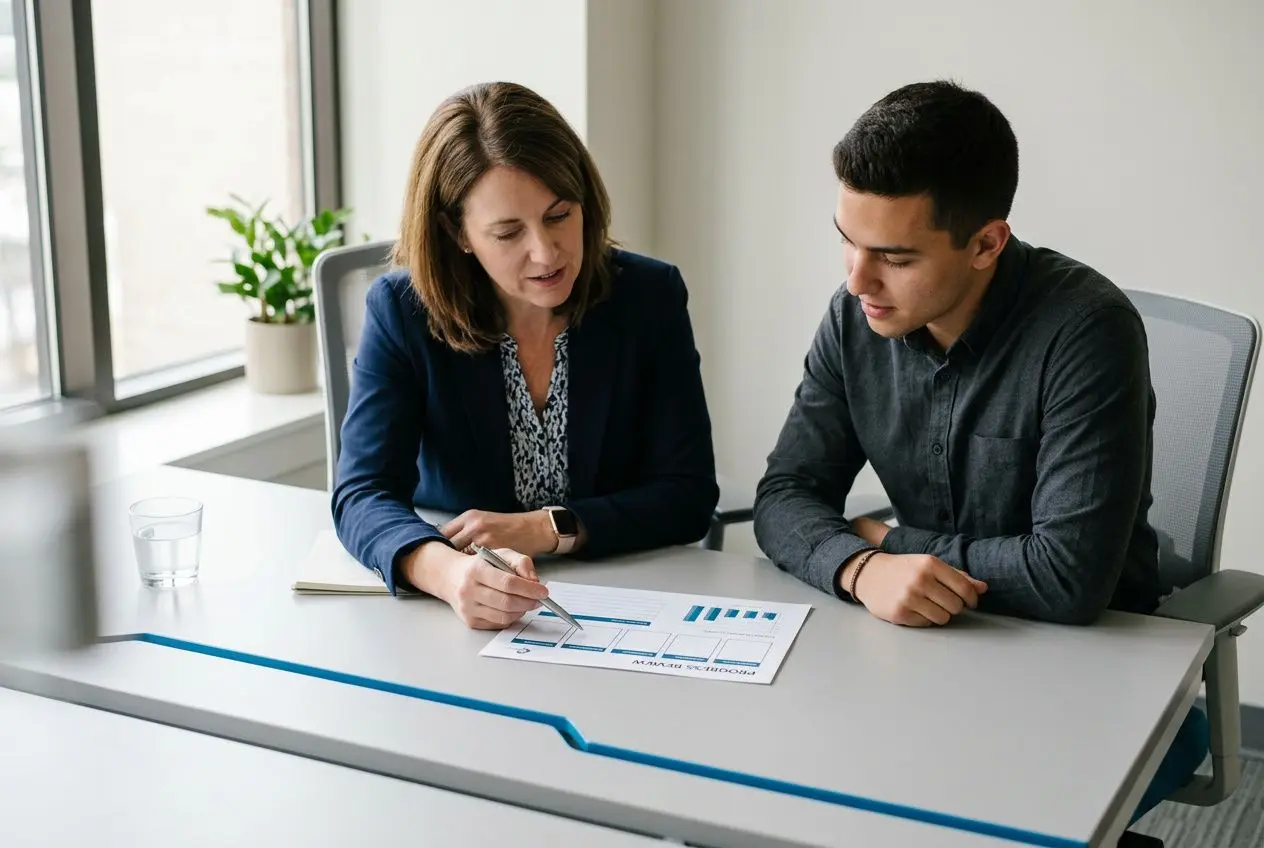 Deux interlocuteurs en réunion: une femme guide un jeune homme à travers un document graphique sur une table, ambiance professionnelle.