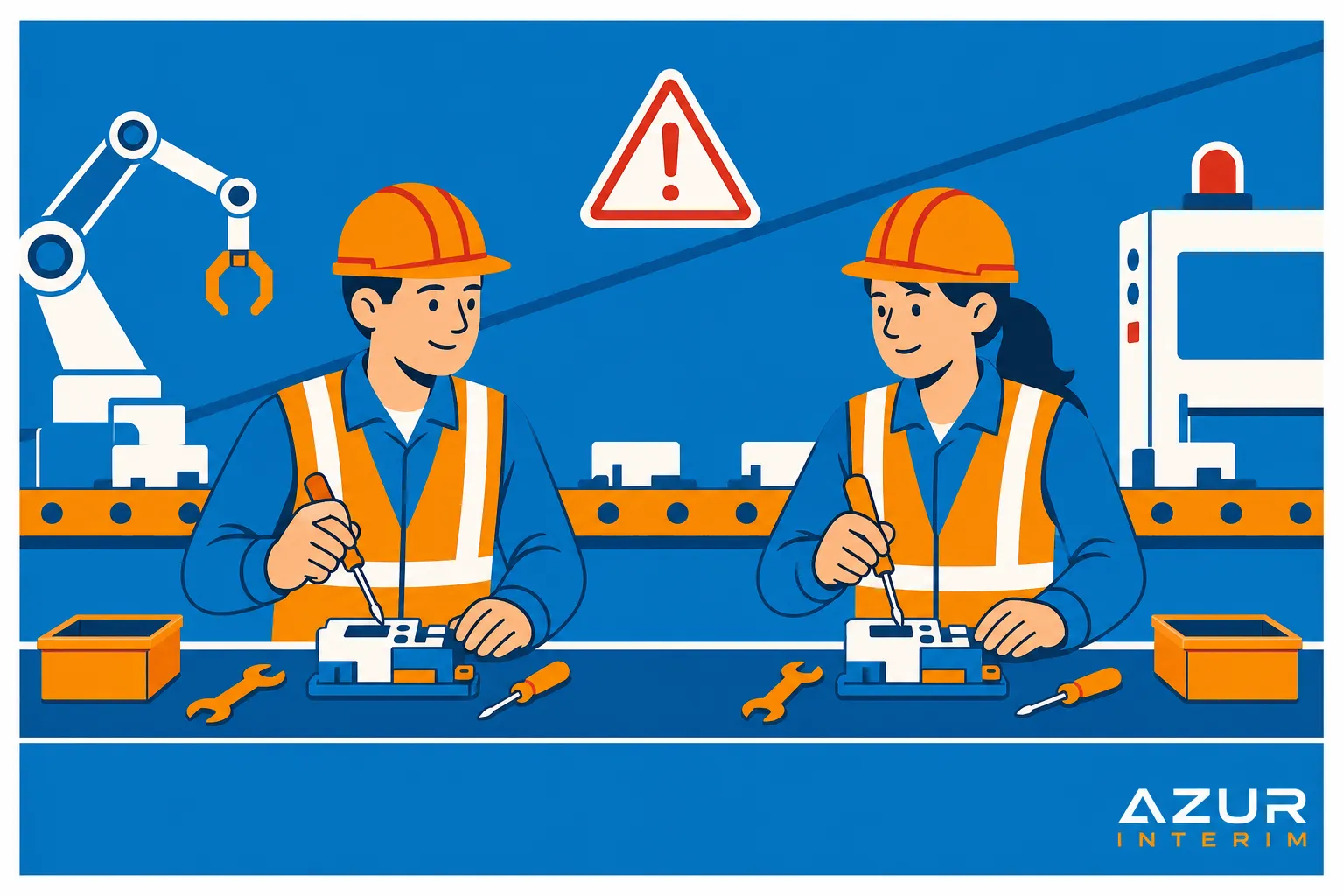Deux ouvriers en atelier industriel portent des casques et gilets orange, travaillant sur des assemblages, avec outils et machines autour. intégrant les conditions de travail intérimaire légal.