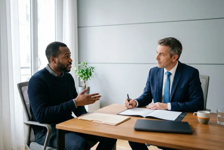Deux professionnels discutant lors d’un entretien en bureau, l’un tenant un document et l’autre prenant des notes. Intègre les étapes pour recruter à l’étranger.