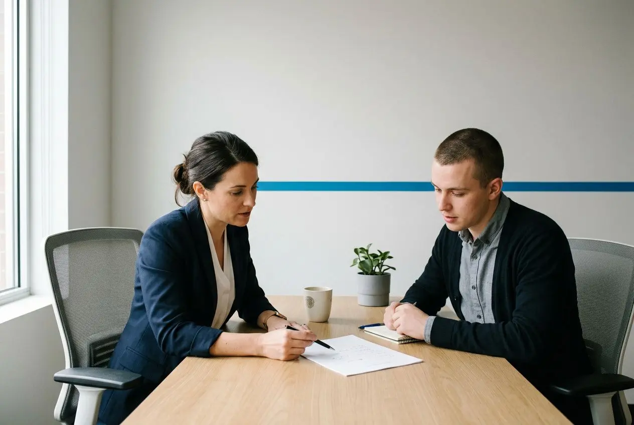 Deux professionnels en entretien : femme en blazer signe un document tandis que l’homme écoute, dans un cadre de bureau. intégré: comment former ses nouveaux employés
