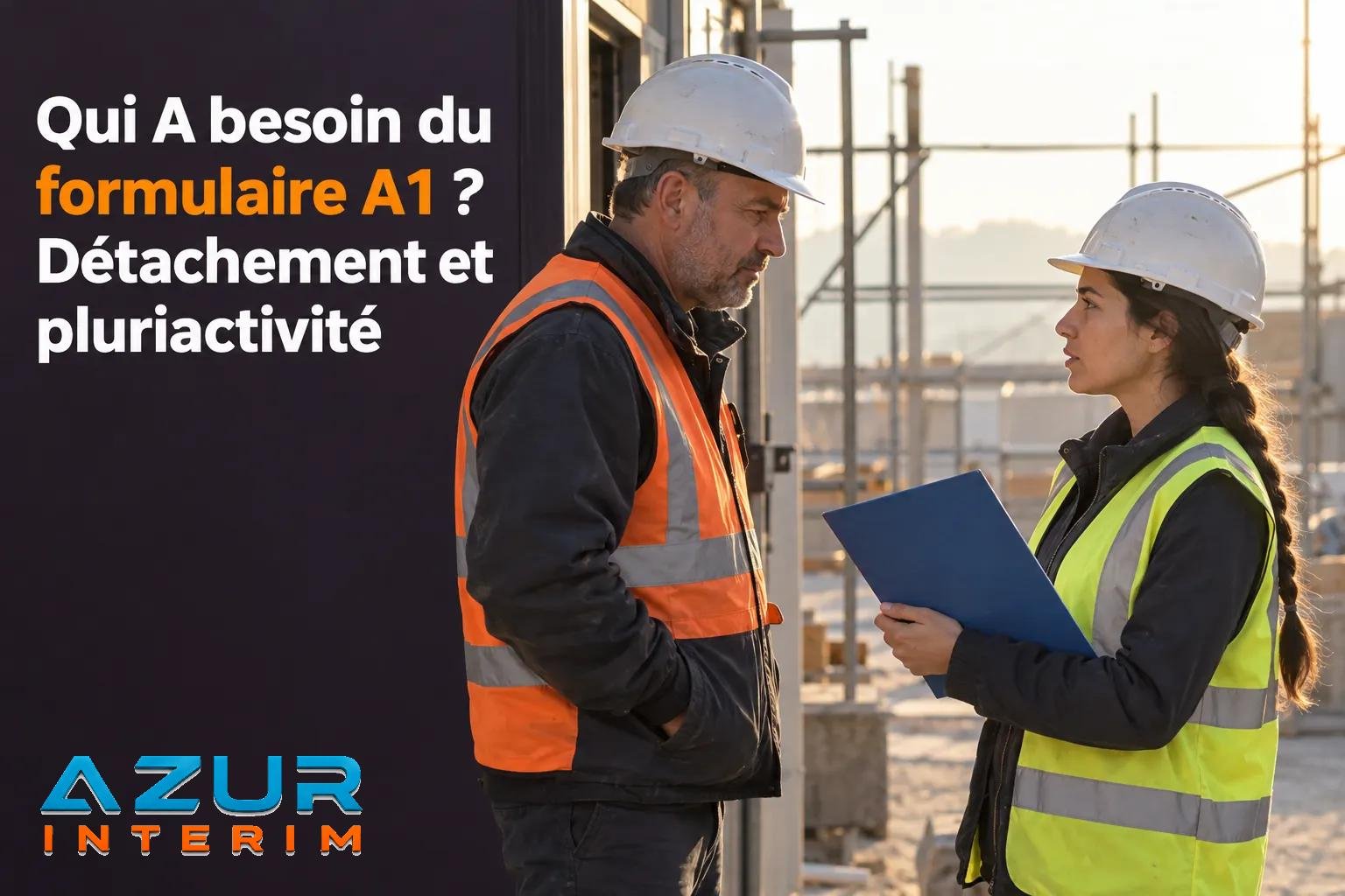 Deux travailleurs en casque et gilet de sécurité discutent sur un chantier, l’un tenant une chemise à dossiers bleue.